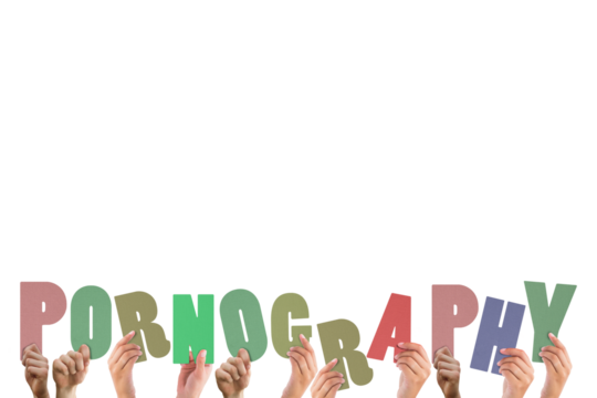 Colorful alphabet spelling pornography held up by people  - Powered by Adobe