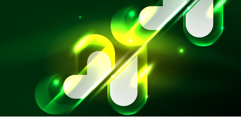 Obraz premium Neon glowing geometric shapes vector abstract background. Round elements, light effects and glass glossy style with color backdrop. Space cosmic or magic energy wallpaper