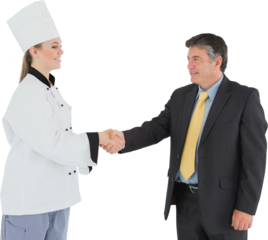 Businessman and female chef shaking hands