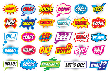 Set of comics speech bubbles. Comic sound effects in pop art style Vector illustration