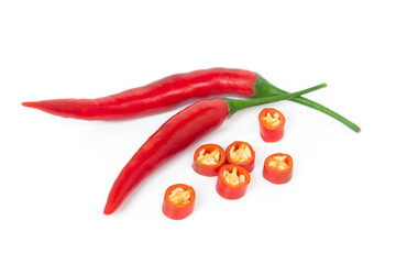 Closeup chilli pepper on white background, raw food ingredient concept