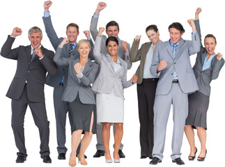 Excited business team cheering at camera