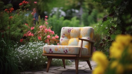 Mid century armchair in sunshine spring garden