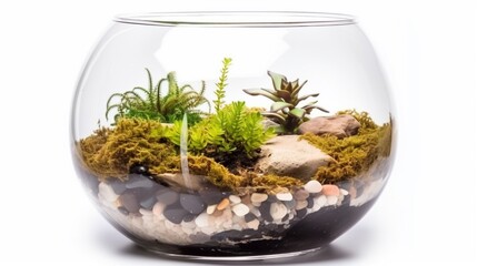 Terrarium design in transparent glass jar isolated on white background
