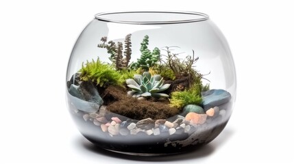 Terrarium design in transparent glass jar isolated on white background