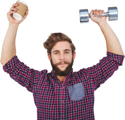 Portrait of hipster holding dumbbells and disposable cup