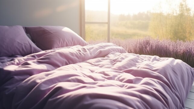Cozy bed lies in spring lavender surrounded bedroom