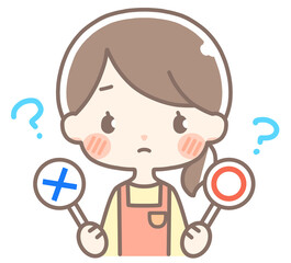 マルとバツの札で悩むエプロンの女性