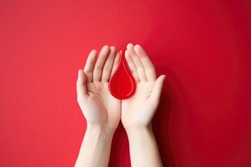 A hand holding a red drop of blood on a red background. Generative AI