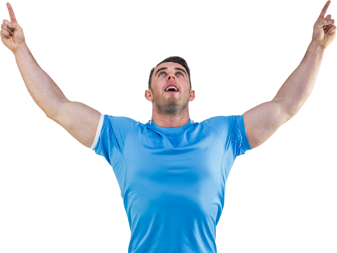 Rugby player cheering and pointing