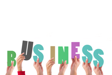 Colorful alphabet spelling business held up by people