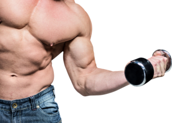 Midsection of man exercising lifting dumbbells
