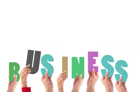 Colorful alphabet spelling business held up by people 