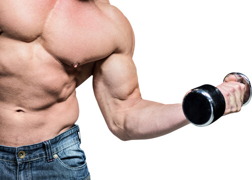 Midsection of man exercising lifting dumbbells