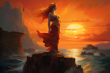 artwork of goddess standing on cliffs overlooking the ocean and sunset
