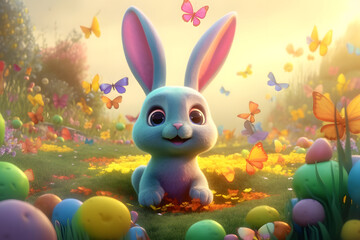 Animated white easter bunny in a colorful field with eggs and butterflies