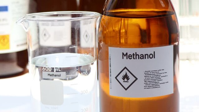 Methanol in glass,Hazardous chemicals and symbols on containers in industry or laboratory 