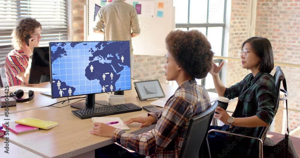 Poster diverse businesswomen in office using computer with communication network on screen