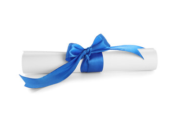 Diploma with blue ribbon isolated on white background