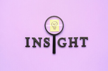 Word INSIGHT with magnifier and drawn light bulb on lilac background