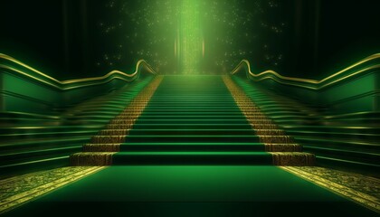 Green Carpet Bollywood Stage, Green Steps Spot Light Backdrop of the Golden Regal Awards. Generative ai