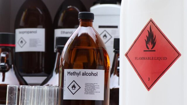 methyl alcohol in glass, Hazardous chemicals and symbols on containers in industry or laboratory 