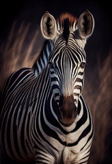 Zebra with its distinctive black and white stripes in sharp focus, generative ai