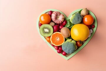 A heart shaped tray of fruits and vegetable. Generative AI