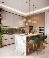 A modern kitchen contains a wooden floor and a marble counter, light brown and gold, light green, crisp and clean, marble, ai generative - obrazy, fototapety, plakaty