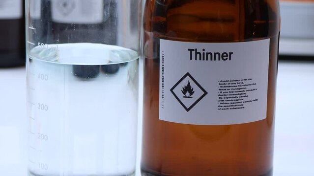Thinner in glass,Hazardous chemicals and symbols on containers in industry or laboratory 