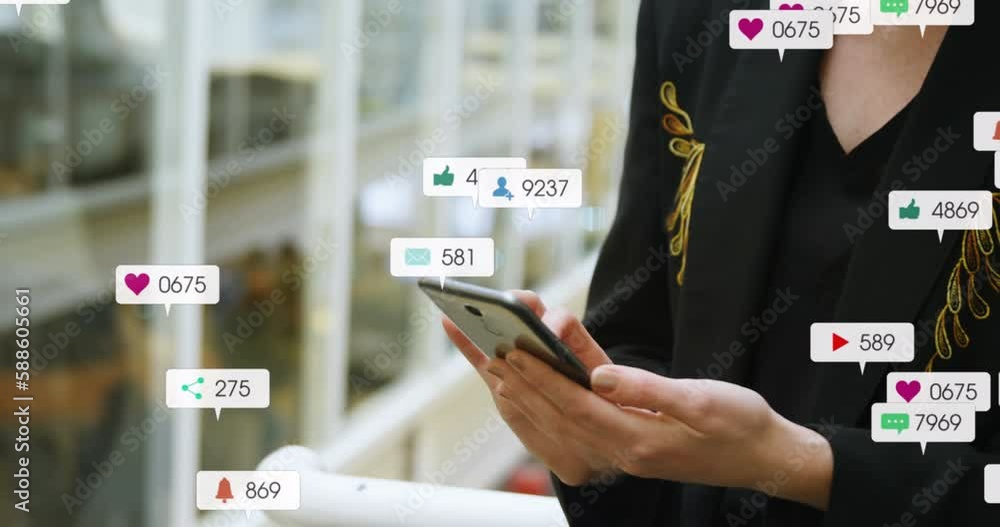 Poster animation of message icons with changing numbers over midsection of caucasian woman using cellphone