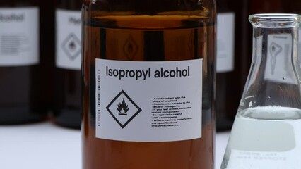 Isopropyl alcohol in glass,Hazardous chemicals and symbols on containers in industry or laboratory 