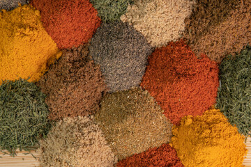Heap different Asian Spices lies on wooden background. Spice and seasoning. Various fragrant spice...