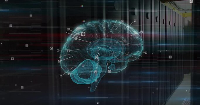 Animation of viewfinders around illuminated digital human brain over server room