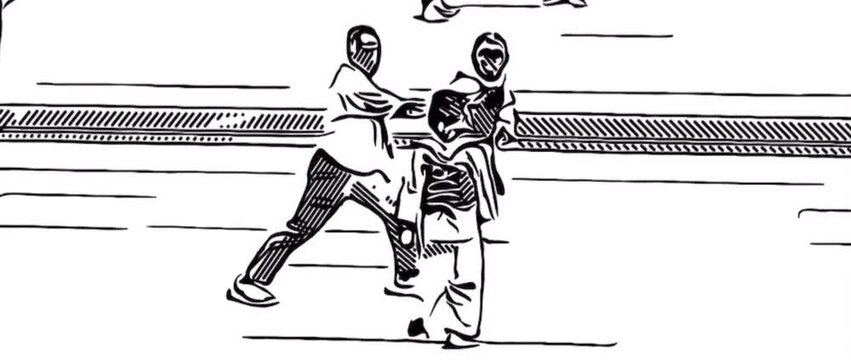 black and white animation of people doing a martial arts match