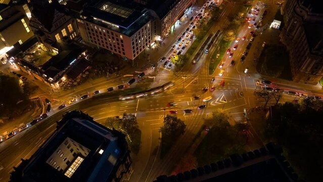 night illumination munich city center traffic street square aerial topdown panorama 4k timelapse germany