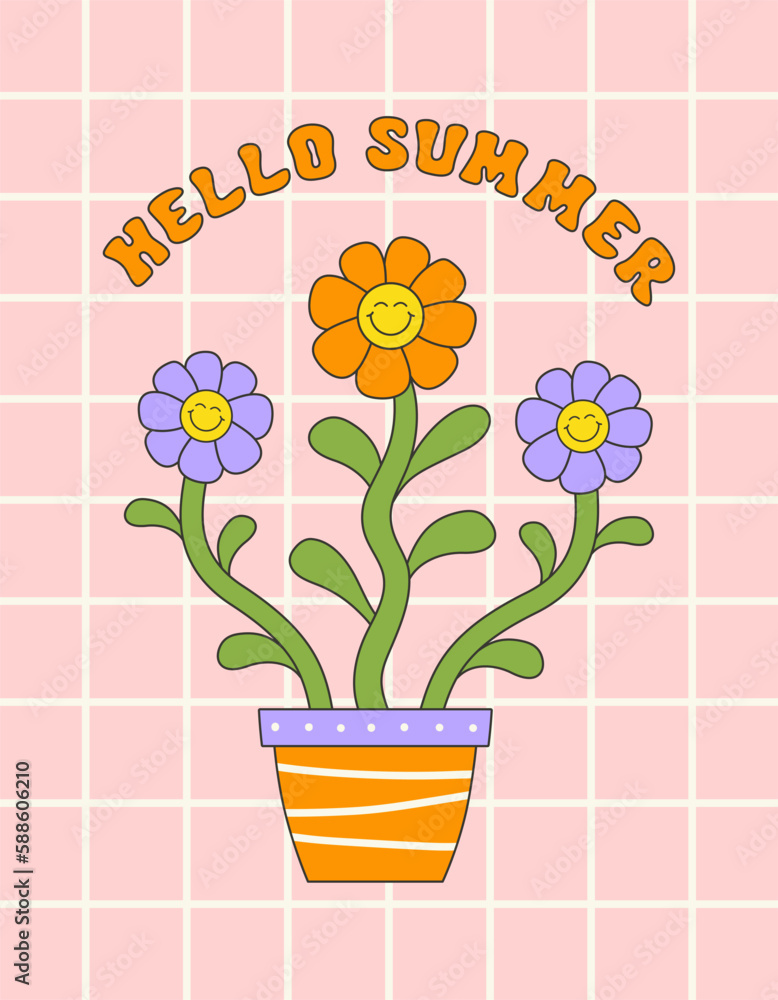 Poster hello summer retro hippie design illustration, positive message phrase isolated on a checkered backg