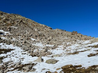 The melting of fresh autumn snow in the wonderful environment of the Swiss mountain massif Abula Alps, Zernez - Canton of Grisons, Switzerland (Kanton Graubünden, Schweiz)