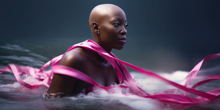 Breast Cancer Generative AI Bald Woman Survivor or Fighter Swimming Pink Ribbons