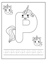 Unicorn alphabet for children education. Coloring book for kids. Activity Book. Letters preschool worksheet. English language study.	