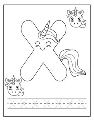 Unicorn alphabet for children education. Coloring book for kids. Activity Book. Letters preschool worksheet. English language study.	