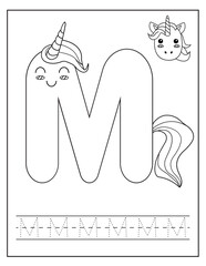 Unicorn alphabet for children education. Coloring book for kids. Activity Book. Letters preschool worksheet. English language study.	