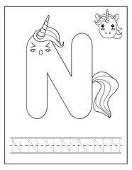 Unicorn alphabet for children education. Coloring book for kids. Activity Book. Letters preschool worksheet. English language study.	