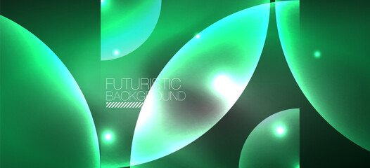 Abstract background with neon glowing light effects. Round shapes, triangles and circles. Wallpaper for concept of AI technology, blockchain, communication, 5G, science, business and technology