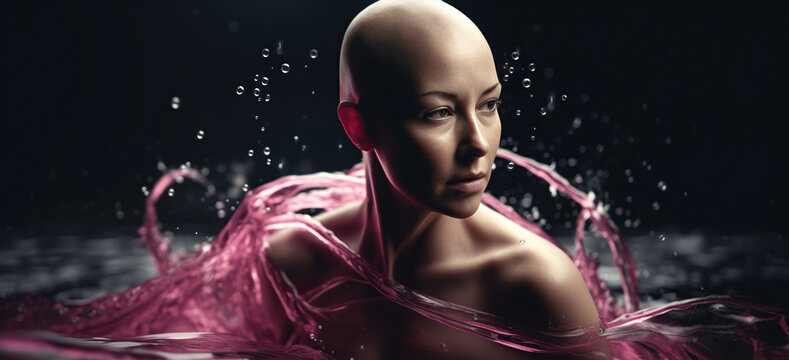 Breast Cancer Generative AI Bald Woman Survivor or Fighter Swimming Pink Ribbons