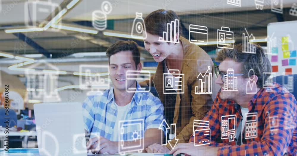 Poster animation of multiple icons over grid pattern against diverse coworkers discussing reports on laptop