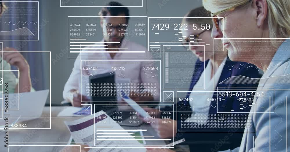 Poster animation of changing numbers in circles and loading bars over diverse coworkers discussing reports