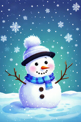 An adorable cute fluffy snowman character warmed up in winter clothes standing in nice hat and scarf with red nose ready to celebrate christmas created with generative ai
