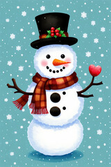 An adorable cute fluffy snowman character warmed up in winter clothes standing in nice hat and scarf with red nose ready to celebrate christmas created with generative ai
