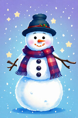 Fototapeta premium An adorable cute fluffy snowman character warmed up in winter clothes standing in nice hat and scarf with red nose ready to celebrate christmas created with generative ai 